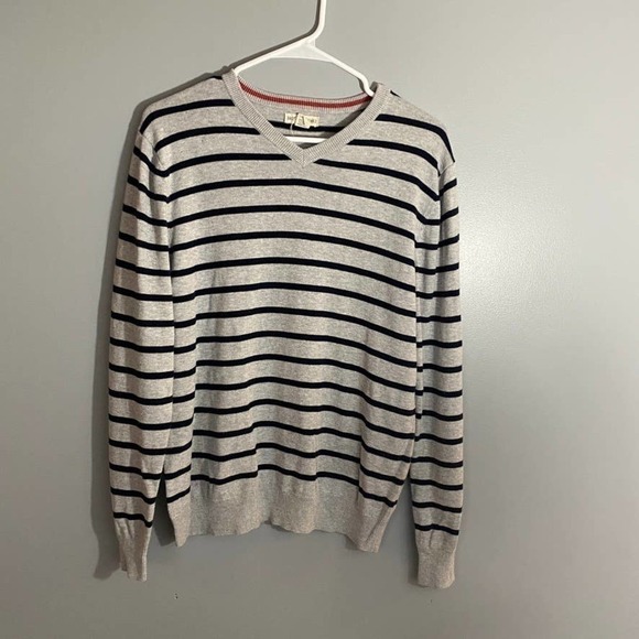 British Khaki Sweaters - BRITISH Khaki Striped V-Neck Sweater Small
